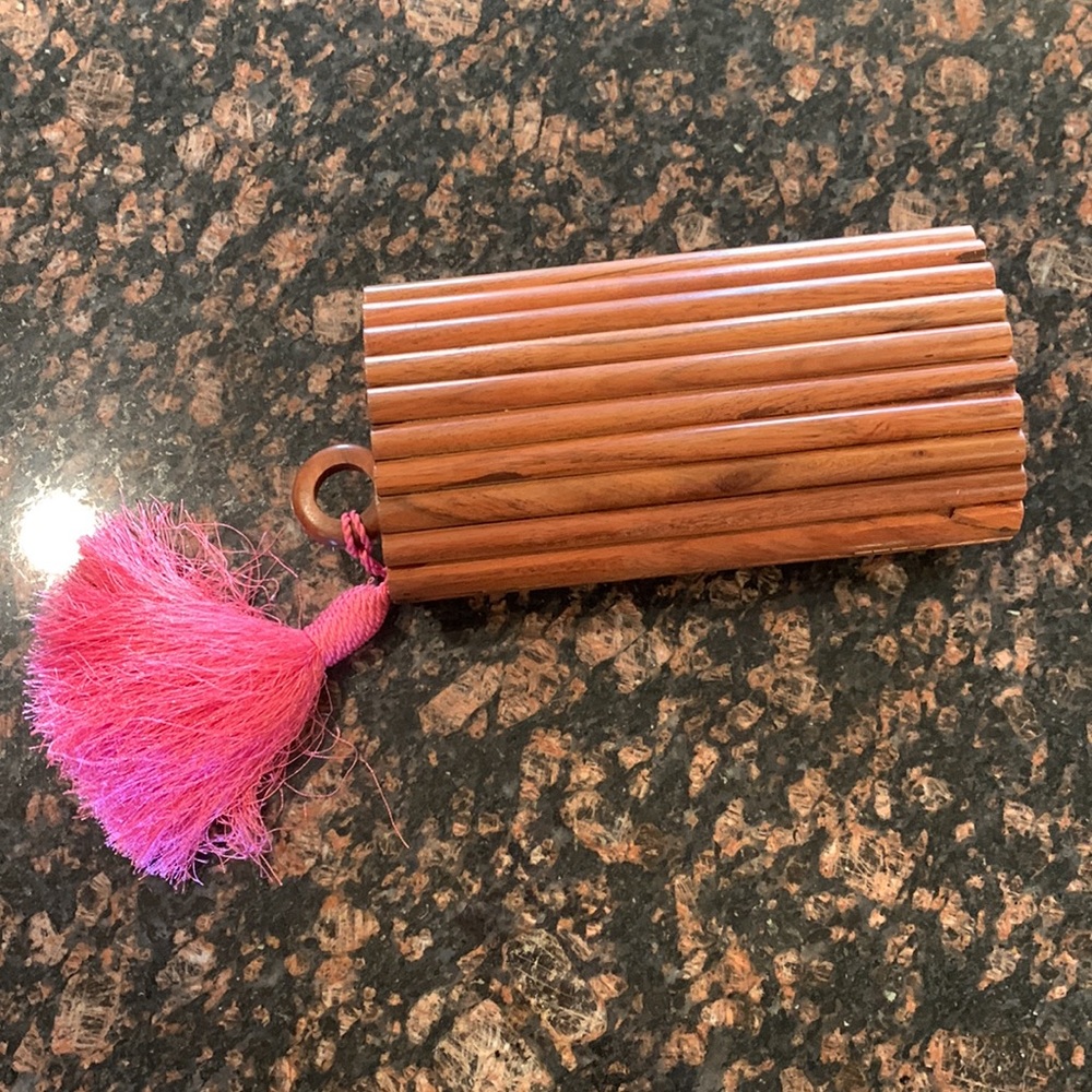 Acacia wood barrel clutch purse